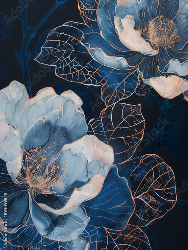 Close-up of Camellias, gilded, rich lacquer painting