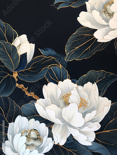 Close-up of Camellias, gilded, rich lacquer painting