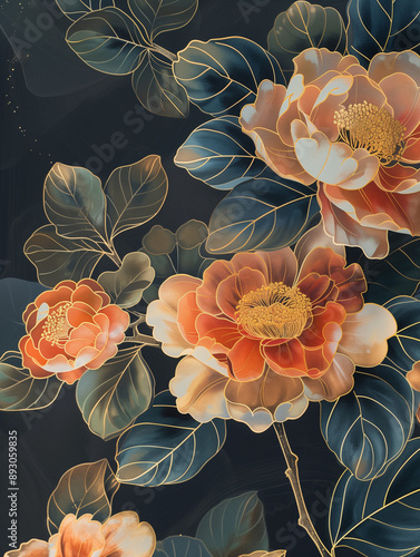 Close-up of Camellias, gilded, rich lacquer painting