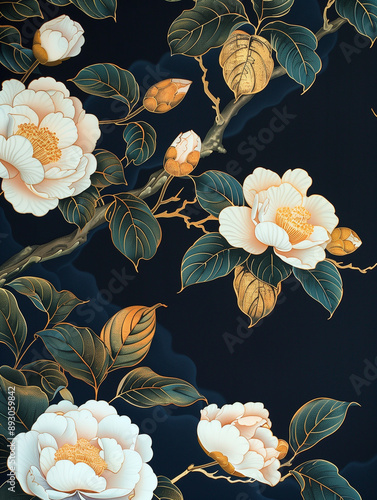 Close-up of Camellias, gilded, rich lacquer painting