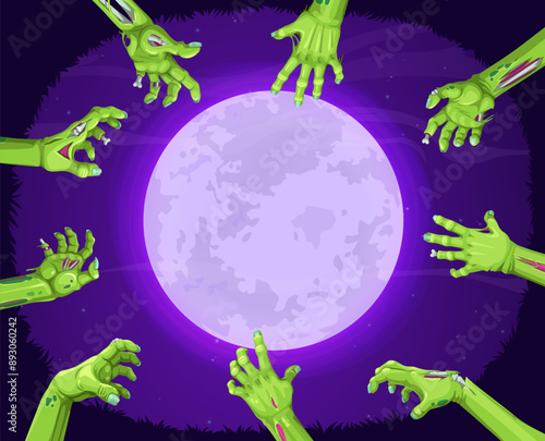 Halloween midnight moon and zombie hands reaching out from grave to dark sky. Vector Halloween holiday horror night monster, evil dead man arms with spooky green skin, wounds, exposed bones and joints
