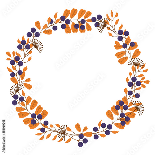 Vector autumn wreath with orange leaves and ripe berries. Floral print for greeting cards, covers and invitations. Autumn wreath from the herbarium.