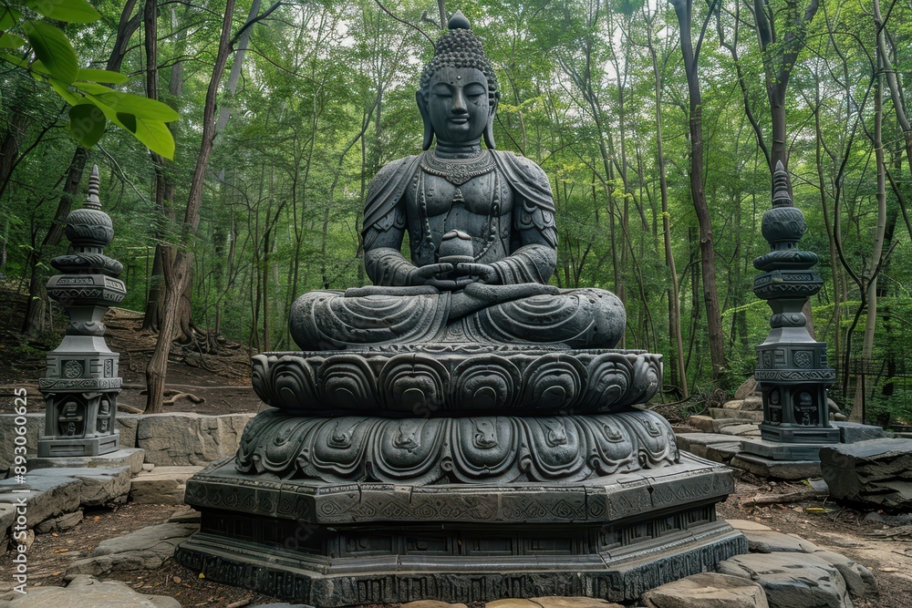 Serene Pala Buddha Statue Teaching on Lotus Throne in Forest Setting. Serene Pala Buddha Statue Teaching on Lotus Throne in Forest Setting.