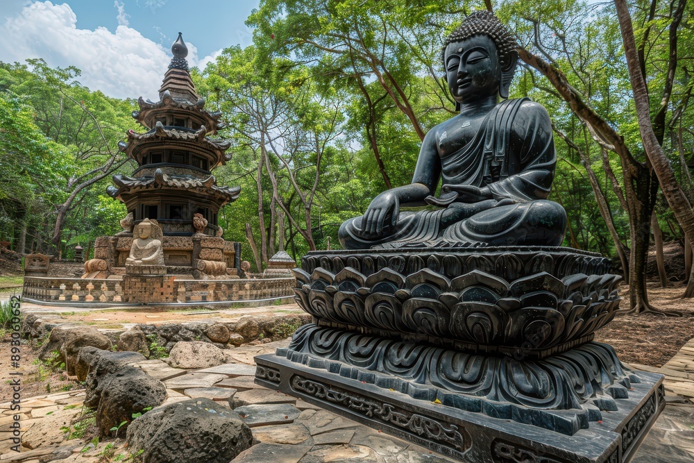 Serene Pala Buddha Statue on Lotus Throne Amidst Forest Sanctuary - Tranquil Meditation and Spiritual Enlightenment in Nature Serene Pala Buddha Statue on Lotus Throne Amidst Forest Sanctuary - Tranquil Meditation and Spiritual Enlightenment in Nature
