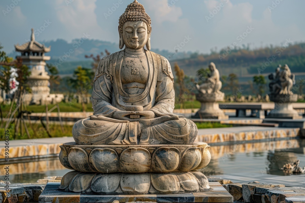 Serene Amaravati Buddha Teaching on Lotus Throne in Ornate Robes and Jewelry amidst Peaceful Landscape Serene Amaravati Buddha Teaching on Lotus Throne in Ornate Robes and Jewelry amidst Peaceful Landscape