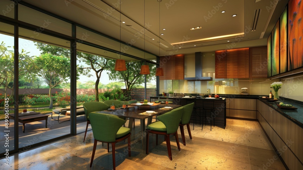 Dining area with green chairs and contemporary design Dining area with green chairs and contemporary design