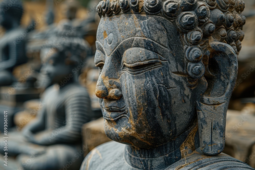 Serene Gandhara Buddha Head Carved in Gray Schist Stone - Close-up of Classical Features and Wavy Hair Serene Gandhara Buddha Head Carved in Gray Schist Stone - Close-up of Classical Features and Wavy Hair