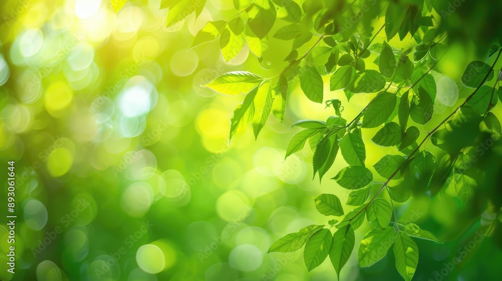 Fototapeta premium Green Nature Bokeh Background: Blurred Trees Close-up, Spring Backdrop with Copy Space
