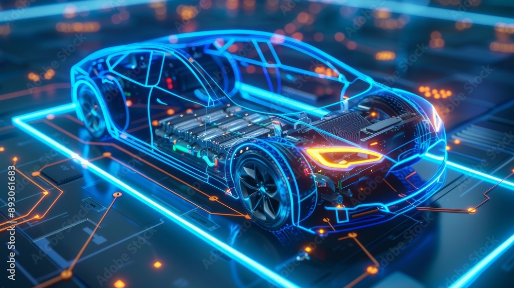 An electric car lithium battery pack is illustrated with power connections, showcasing the core of modern automotive technology in a vibrant blue tone An electric car lithium battery pack is illustrated with power connections, showcasing the core of modern automotive technology in a vibrant blue tone
