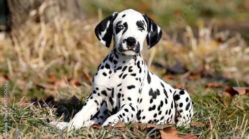 a Dalmatian puppy sitting in the grass