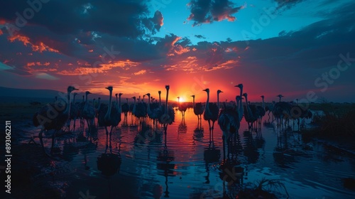 A Group of Birds Are Standing In the Water at Sunset With the Sun Behind Them - Generative AI