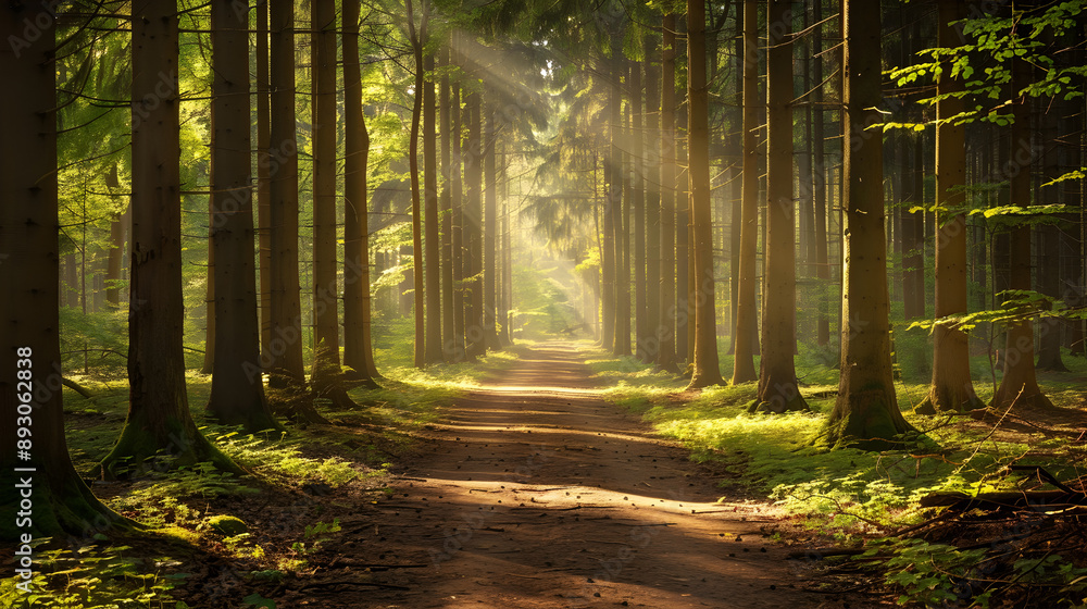 A forest path with sunlight shining through the trees. The path is surrounded by trees and the sunlight is creating a warm and inviting atmosphere A forest path with sunlight shining through the trees. The path is surrounded by trees and the sunlight is creating a warm and inviting atmosphere