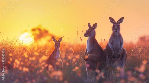 Three Kangaroos Are Standing In a Field With the Sun Setting Behind Them - Generative AI photo