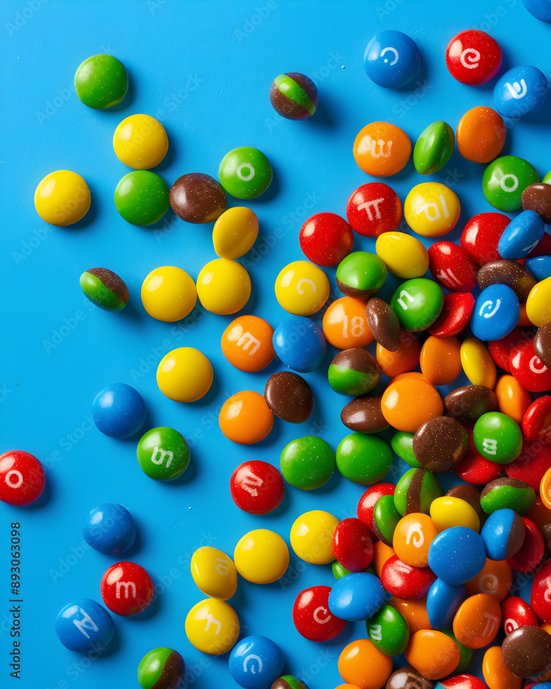 A pile of colorful M&M's on a blue background. The colors are bright and cheerful, and the M&M's are scattered all over the surface A pile of colorful M&M's on a blue background. The colors are bright and cheerful, and the M&M's are scattered all over the surface