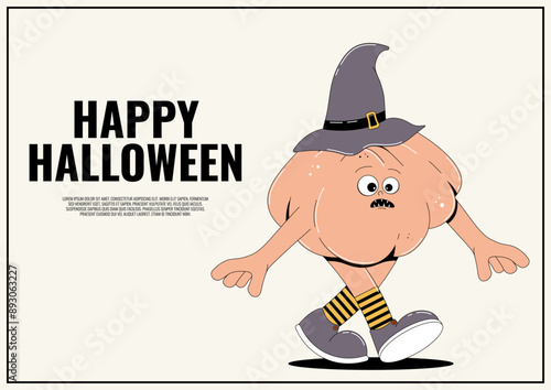 Groovy retro Happy Halloween poster. Funky walking character pumpkin in a hat with spooky and skary face. Horror and fear vector illustration photo