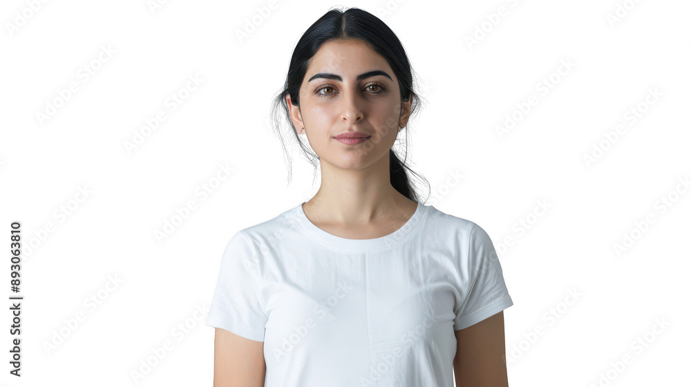 Half body portrait of a focused Palestinian scientist in her 30s in a white T-shirt Half body portrait of a focused Palestinian scientist in her 30s in a white T-shirt