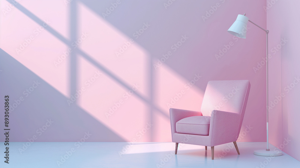 3D rendering of a pink armchair and floor lamp against a pastel wall background with copy space for your design, interior concept 3D rendering of a pink armchair and floor lamp against a pastel wall background with copy space for your design, interior concept