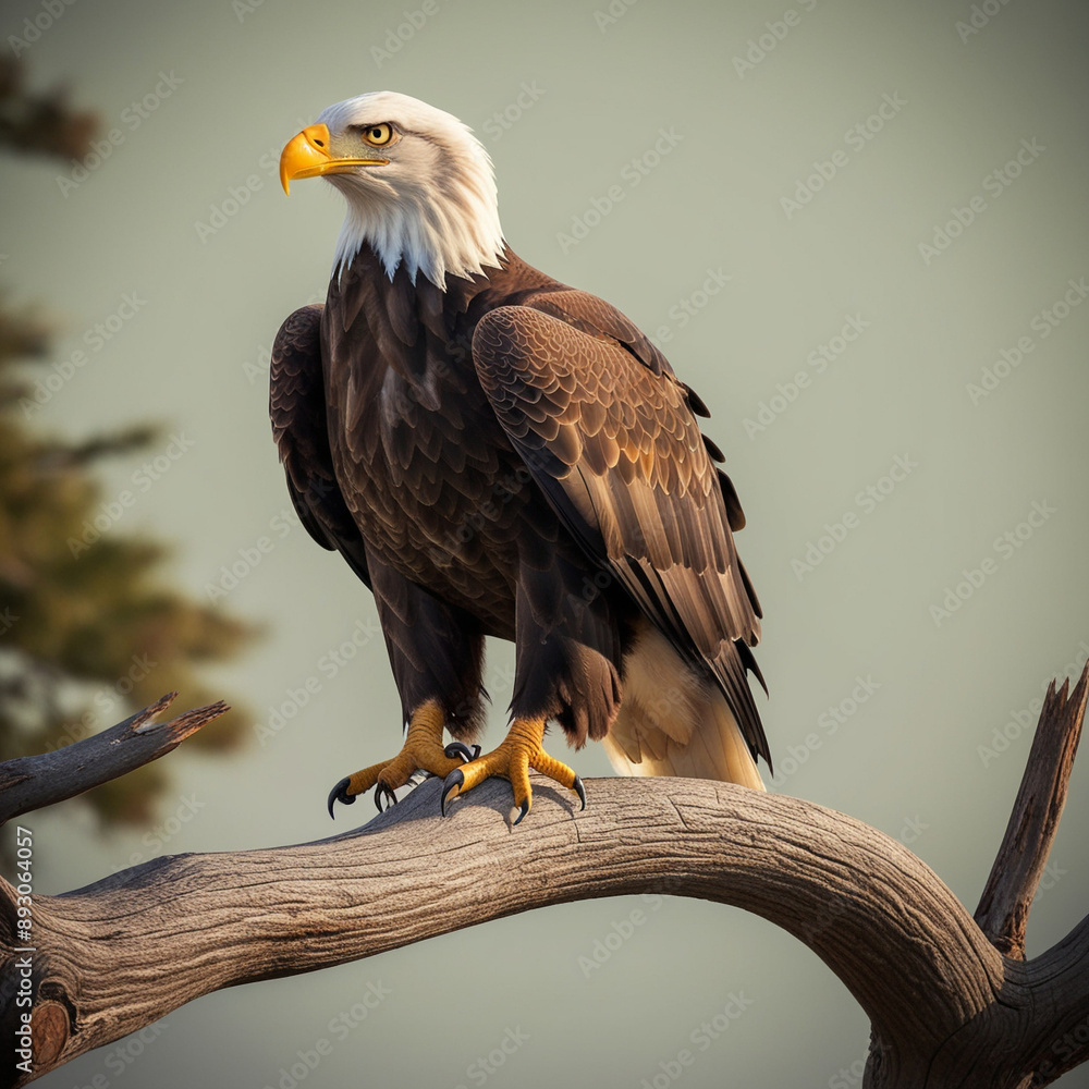 Obraz premium Bald eagle perched on a tree branch, looking regal and powerful