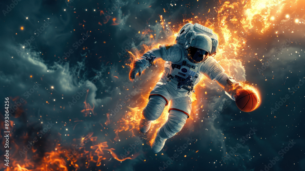 A man in a spacesuit is playing basketball in space. A man in a spacesuit is playing basketball in space.