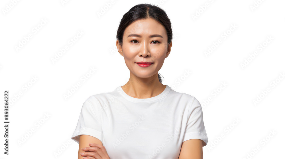 Half body portrait of a confident Chinese businesswoman in her 40s in a white T-shirt Half body portrait of a confident Chinese businesswoman in her 40s in a white T-shirt