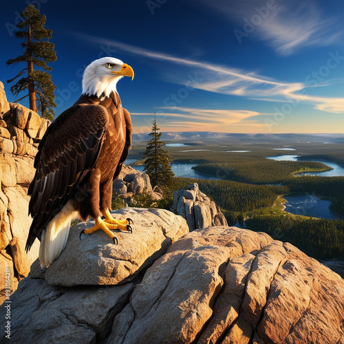 eagle on the rock, Bald eagle perched on a rocky cliff, overlooking a vast wilderness area