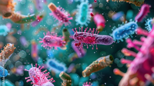 A bunch of colorful bacteria are floating in the air. The bacteria are in various colors, including pink, purple, and green. Concept of chaos and disorder