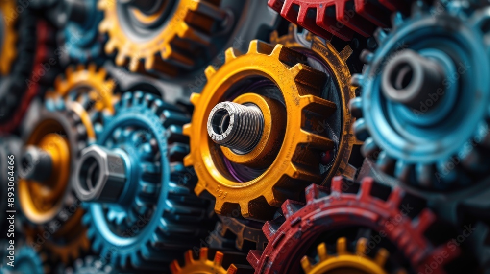 A close up of a bunch of gears with one of them being yellow. A close up of a bunch of gears with one of them being yellow.