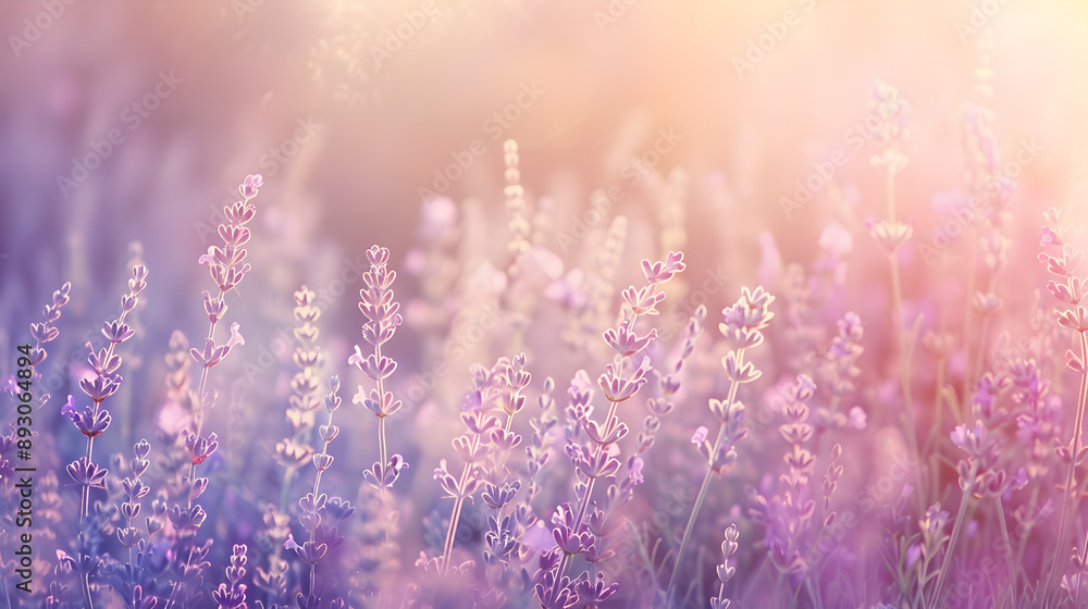 Fototapeta premium A field of lavender flowers with a soft pink hue. The flowers are scattered throughout the field, with some in the foreground and others in the background
