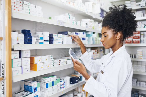 Tablou pe pânză African woman, check or tablet with screen in pharmacy for stock inspection, report for medicine inventory