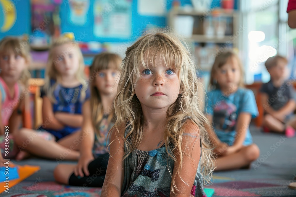A young girl with blonde hair and blue eyes sits in a classroom, listening attentively to her teacher. A young girl with blonde hair and blue eyes sits in a classroom, listening attentively to her teacher.