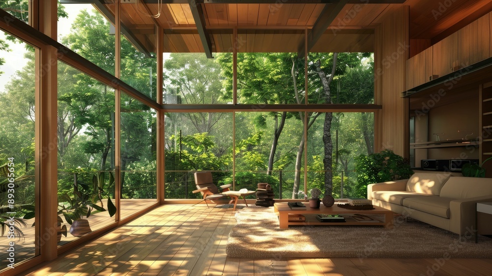 Eco-friendly home with large windows and green interior elements Eco-friendly home with large windows and green interior elements