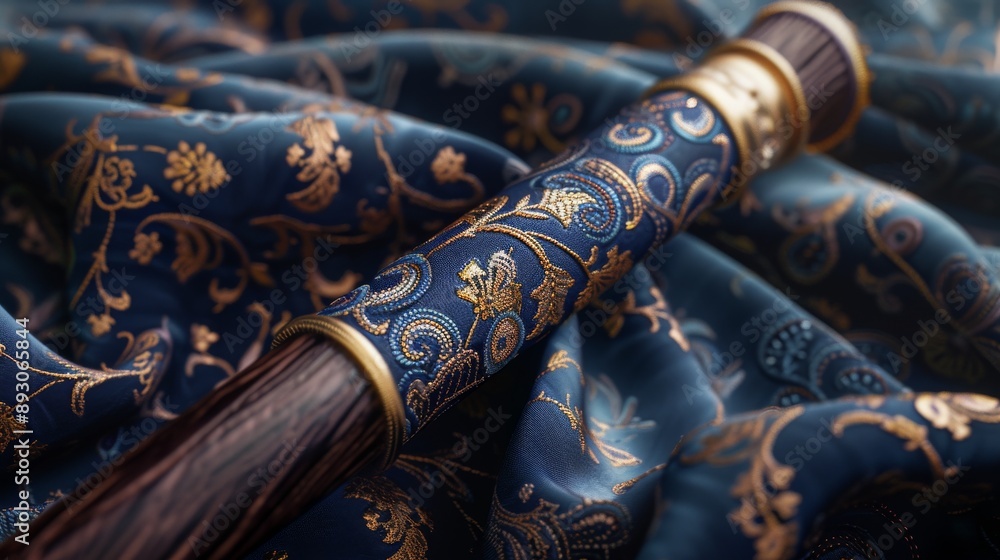 A Close up of a Wooden Sword Laying on Top of a Blue and Gold Patterned Cloth - Generative AI A Close up of a Wooden Sword Laying on Top of a Blue and Gold Patterned Cloth - Generative AI