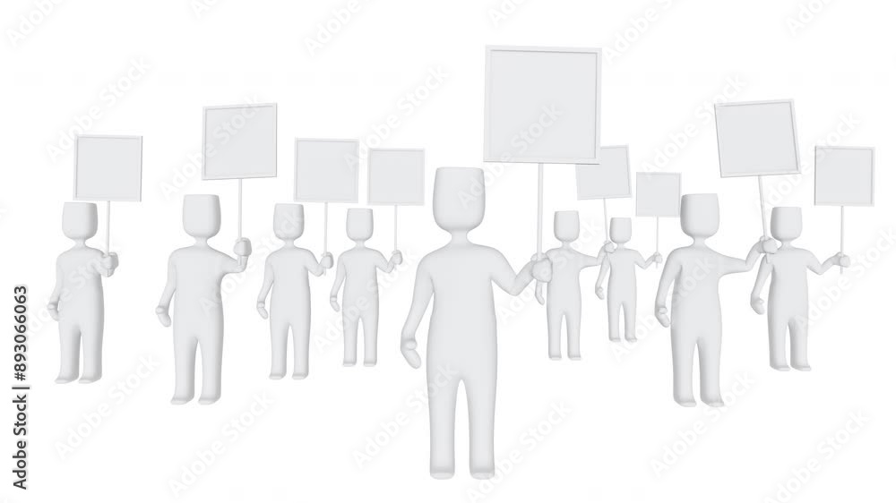 A group of white stylized 3D men holding empty posters in their hands. Public picket. Political demonstration. Conceptual design. Horizontal 3d animation. Three-dimensional stock video A group of white stylized 3D men holding empty posters in their hands. Public picket. Political demonstration. Conceptual design. Horizontal 3d animation. Three-dimensional stock video