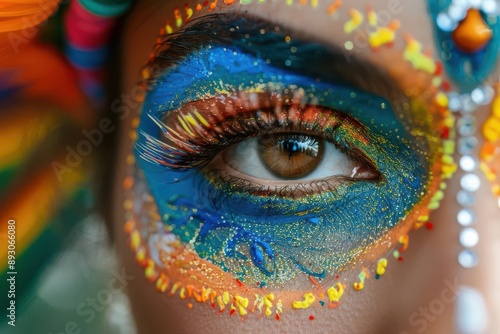 Close-up of a beautifully painted eye with colorful makeup and artistic detail, highlighting creativity and expression.