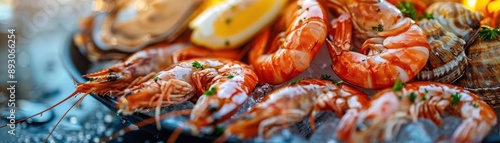 Close-up of fresh cooked seafood, showcasing shrimp, crab, and other delicacies. photo