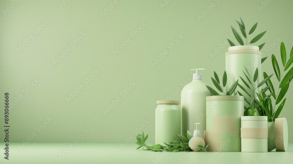 Green paper packaging in a nature setup, ESG initiative, sustainable display Green paper packaging in a nature setup, ESG initiative, sustainable display