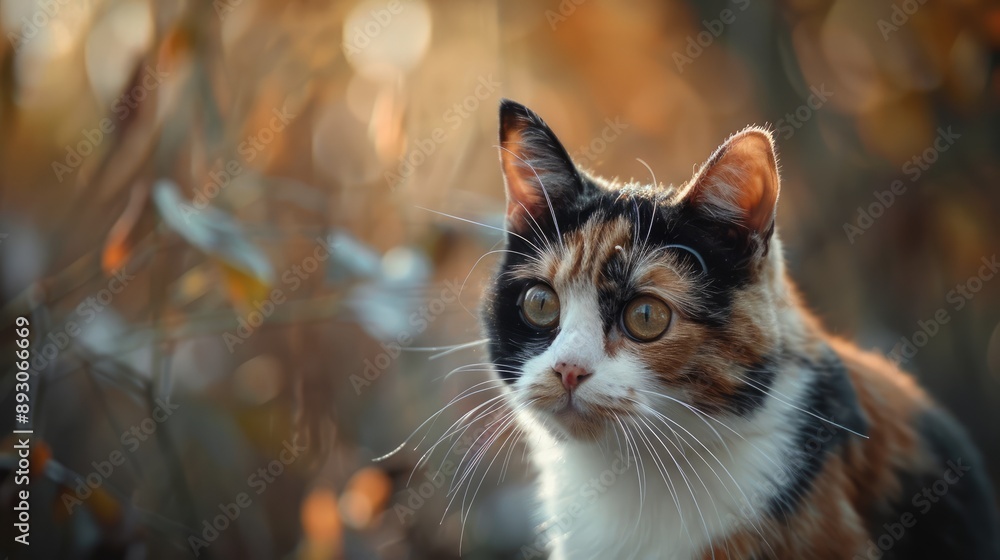 Image of a unique cat with one ear and tricolored fur gazing at the camera against a blurred backdrop. Image of a unique cat with one ear and tricolored fur gazing at the camera against a blurred backdrop.