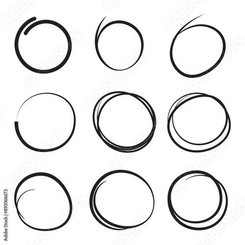 Hand draw circle line sketch set. Black circles pen draw Vector illustration.