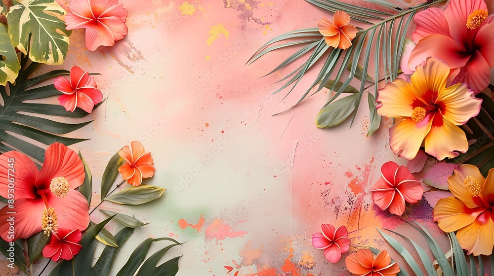 tropical flowers on pastel paper background tropical flowers on pastel paper background