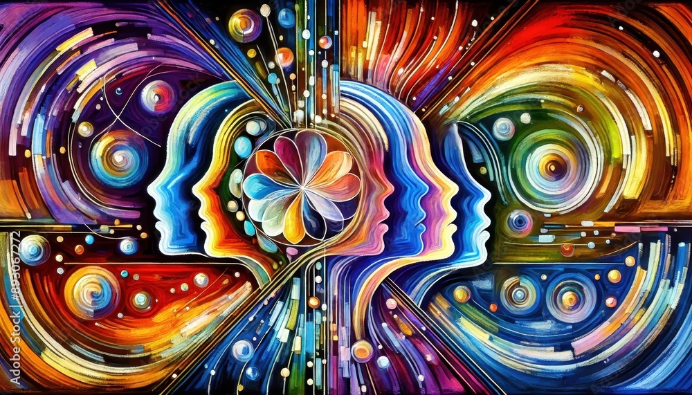 Abstract Painting of Interconnected Minds with Colorful Swirls and Shapes Abstract Painting of Interconnected Minds with Colorful Swirls and Shapes