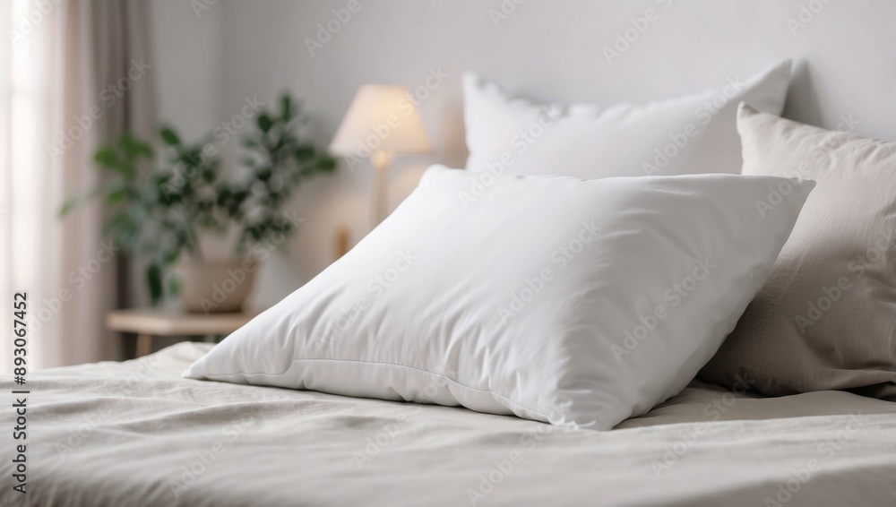 Modern white cushion mockup for bed branding with aesthetic bedding design for elegant home decor. Modern white cushion mockup for bed branding with aesthetic bedding design for elegant home decor.