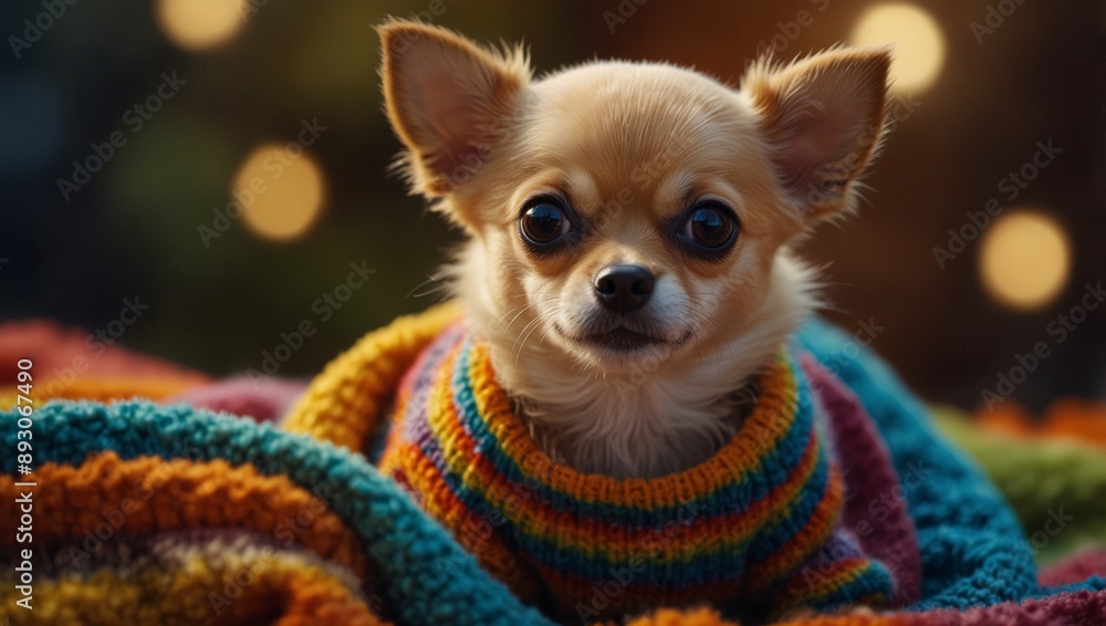 Playful chihuahua puppy in miniature sweater on colorful blanket, gazing happily at camera. Playful chihuahua puppy in miniature sweater on colorful blanket, gazing happily at camera.