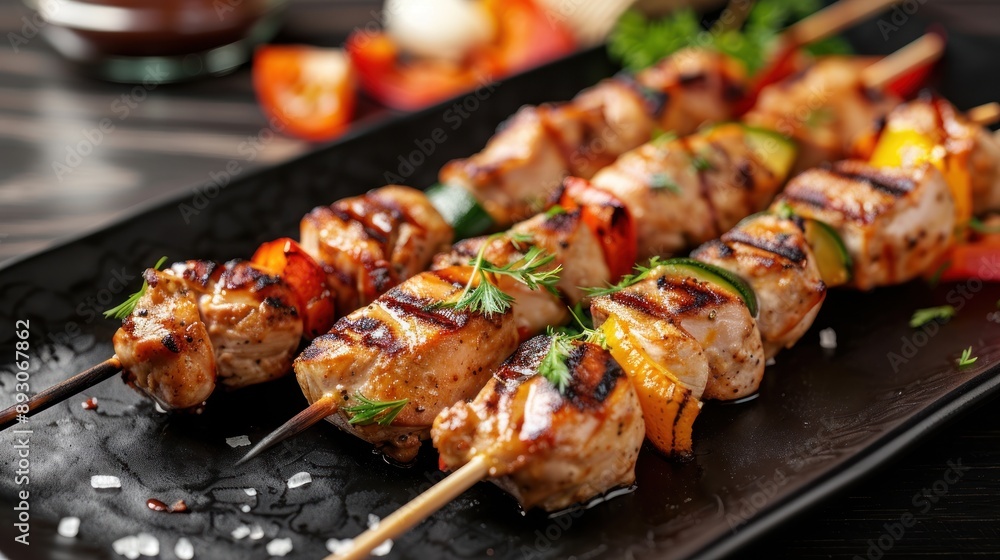 Close-Up of Grilled Chicken Skewers with Vegetables on plate. generative AI Close-Up of Grilled Chicken Skewers with Vegetables on plate. generative AI