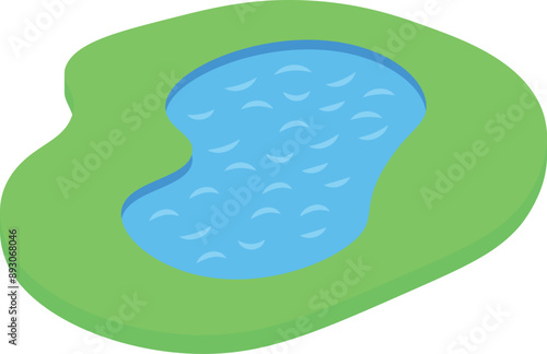 Isometric illustration of a small blue lake surrounded by green grass