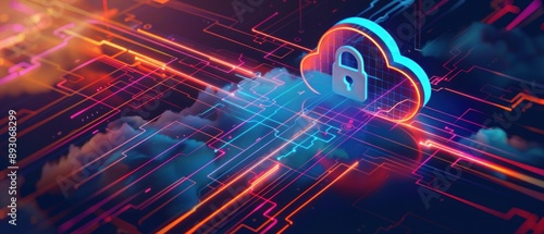 Abstract Cloud Security with Padlock and Neon Lines. generative AI