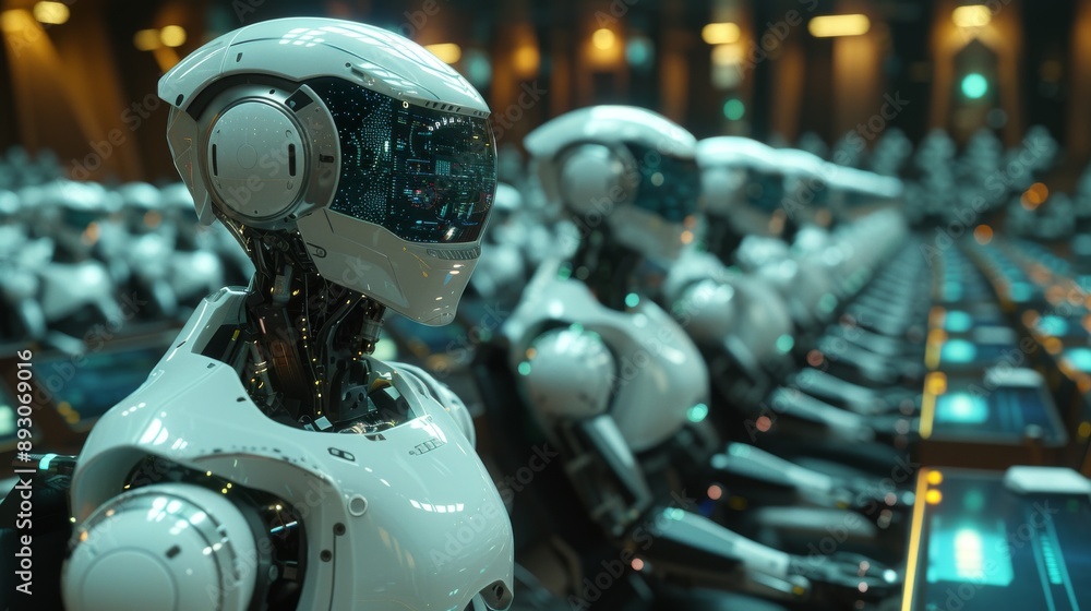 Fototapeta premium A Row of Robots Sitting in Front of Each Other at a Conference Table All With the Same Expression on Their Faces - Generative AI