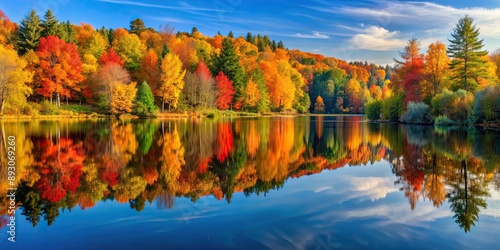 Fototapeta Naklejka Na Ścianę i Meble -  Tranquil autumn scene by the lake with colorful foliage reflected in the water , Autumn, lake, reflection, serene, nature