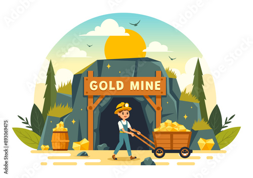 Gold Mine Vector Illustration with Mining Industry Activity Featuring Treasure, Piles of Coins, Jewelry, and Gems in a Flat Style Cartoon Background