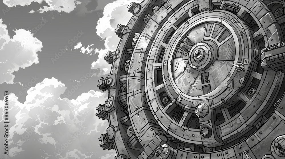 Obraz premium Black and white sketchy illustration featuring cogs with steampunk elements.