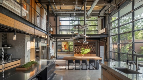 Modern loft kitchen with a blend of metal and wood elements, high ceilings, and large windows. photo